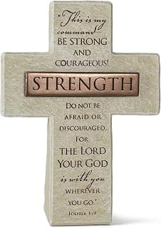 Lighthouse Christian Products Strength in The Lord Sandstone 5.5 Inch Cast Stone Bronze Title Bar Cross Figurine