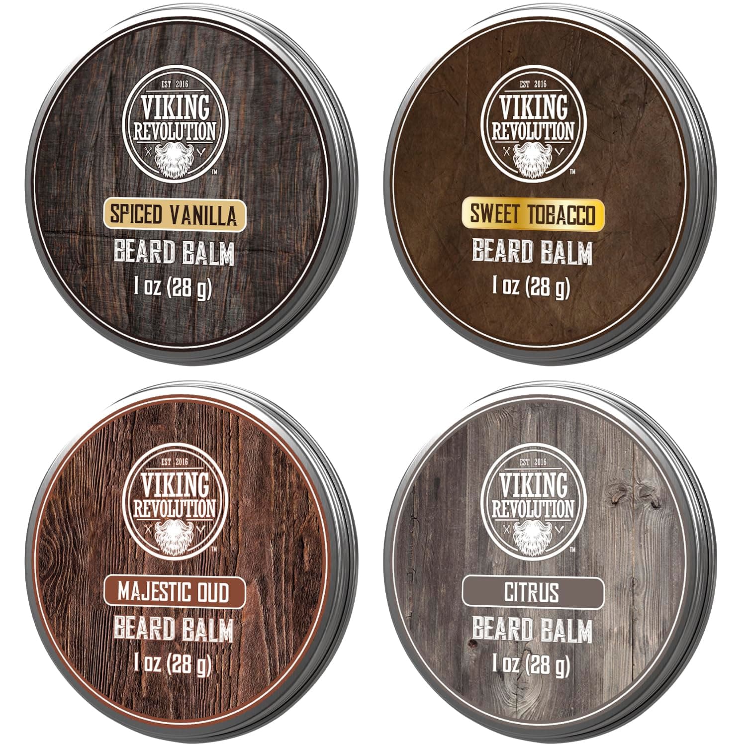 Paquete variado de bálsamo para barba Viking Revolution - Whisky de café - 1 oz (paquete de 4) | Vainilla especiada, tabaco dulce, oud majestuoso, cítricos - Latas de 1 oz aptas para viajes - Excelente control e hidratación