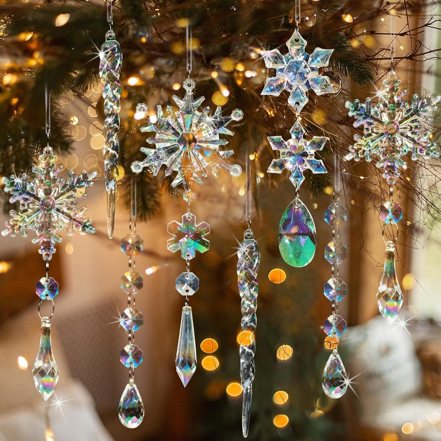 Adornos de cristal para árbol de Navidad Decoraciones invernales del país de las maravillas | 18 piezas, acrílico, iridiscente, copo de nieve, adornos colgantes de carámbano con colgantes de gota, para decoración de árbol de araña, 5 estilos