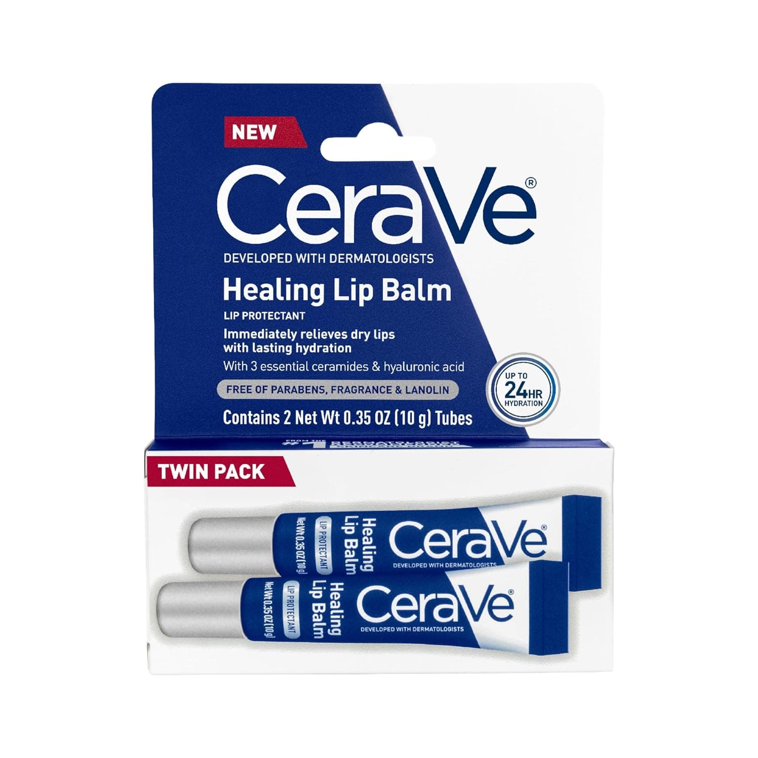 Bálsamo labial curativo CeraVe, tratamiento labial hidratante y calmante con 3 ceramidas esenciales, ácido hialurónico y petrolato, hidratación las 24 horas para labios secos y agrietados, sin fragancia