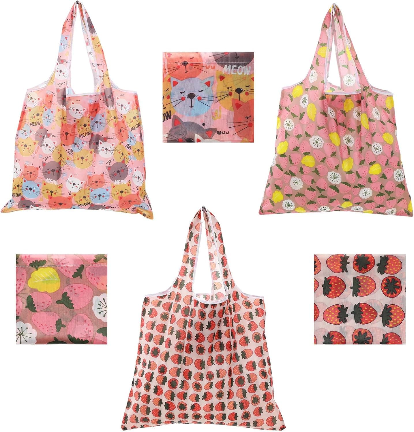 Ouligay 3 bolsas de compras reutilizables plegables, bolsas de comestibles plegables, 46 × 40 cm, poliéster lavable a máquina, bolsa grande reutilizable para suministros de compras diarias, supermercado para mujeres (1 gato, 2 fresas)