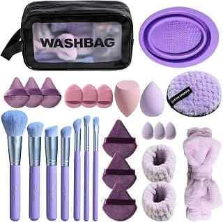Set de 26 brochas de maquillaje BS-MALL – Set de brochas de maquillaje y limpieza facial de primera calidad con base, corrector, colorete, brochas para sombra de ojos más esponja y bolsa de lavado
