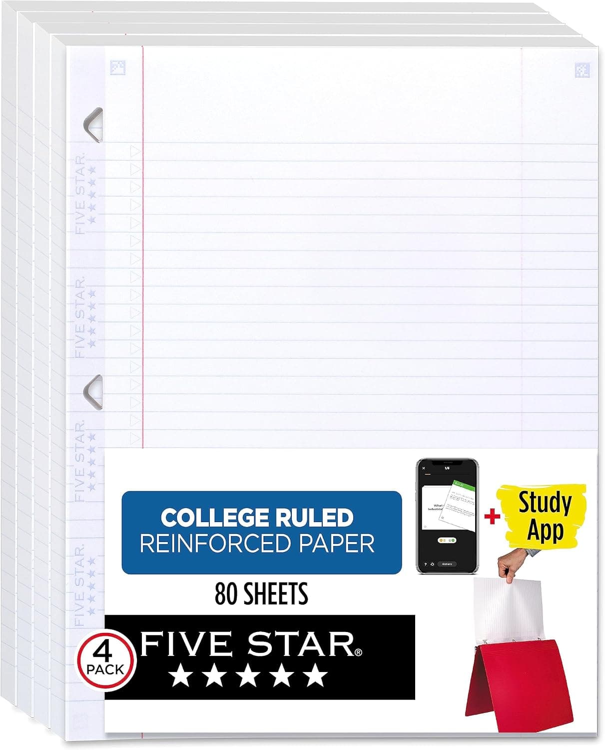 Five Star Loose Leaf Paper + Study App, 4 Pack, Notebook Paper, College Ruled Filler Paper, Reinforced, 8.5 x 11, 80 Sheets per Pack (170024-ECM)