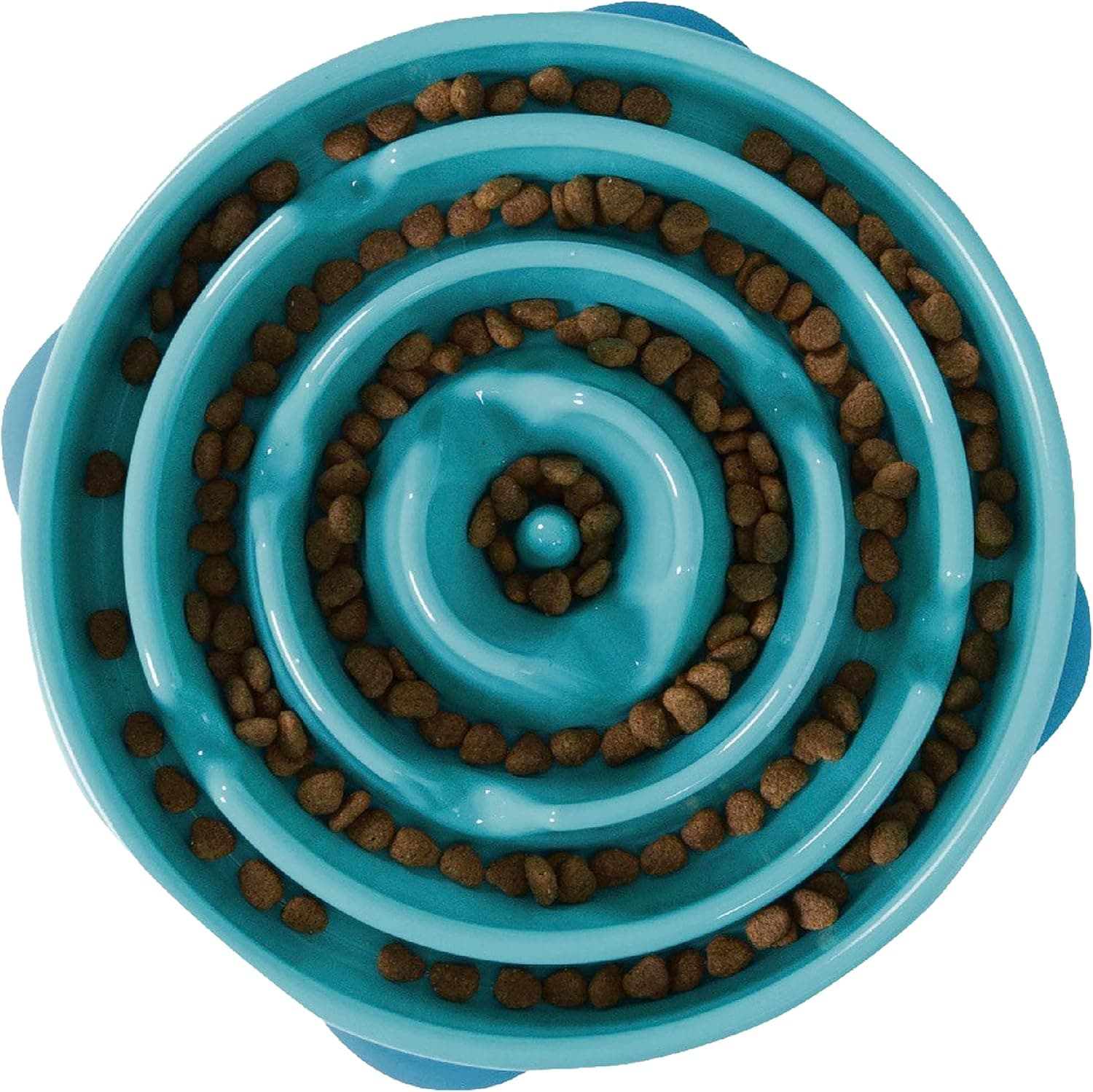 Outward Hound Fun Feeder Slo Bowl - Gran capacidad para 4 tazas, alimentación lenta, perros medianos a grandes, antideslizante, turquesa, patrón de caída | Ralentiza a los que comen rápido, puede ayudar a la digestión, tiene capacidad para 4 tazas de comida seca o húmeda, base antideslizante, fácil de limpiar, sin BPA, perros medianos a grandes