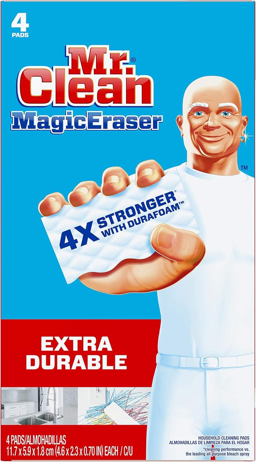 Mr. Clean Magic Eraser Esponja de limpieza y fregado extra duradera, 4 unidades (paquete de 1)