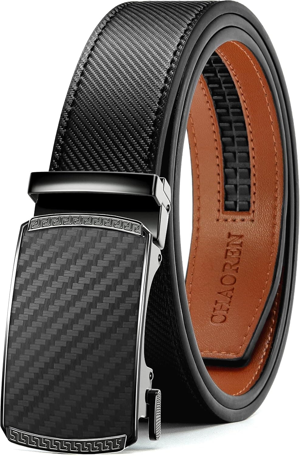 Cinturón de trinquete de cuero CHAOREN para hombre - Ajuste personalizable (35 mm) | Deslizamiento suave, microajuste preciso, ajuste a medida, vestimenta y ropa informal, caja de regalo