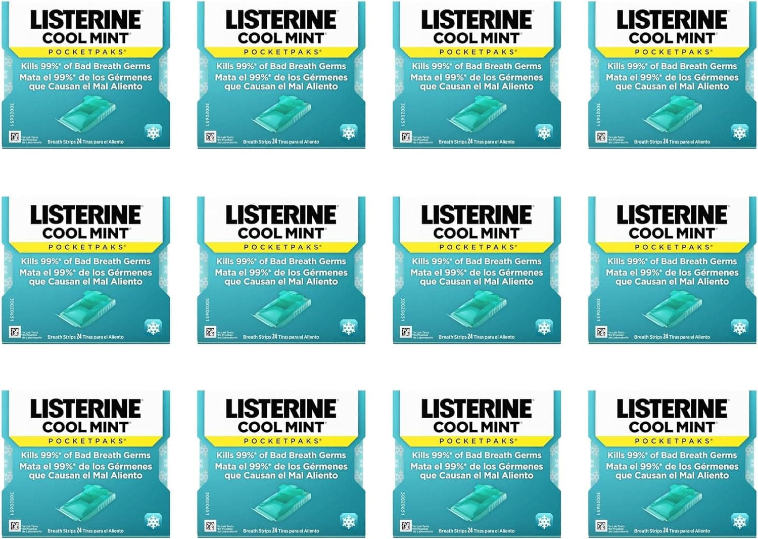 Tiras para el aliento Listerine PocketPaks, menta fresca, paquete de 24 tiras (12 paquetes) | Tiras para el cuidado bucal que se disuelven, aliento fresco instantáneo, elementos esenciales para el viaje, mata el 99% de los gérmenes del mal aliento, refrescante del aliento