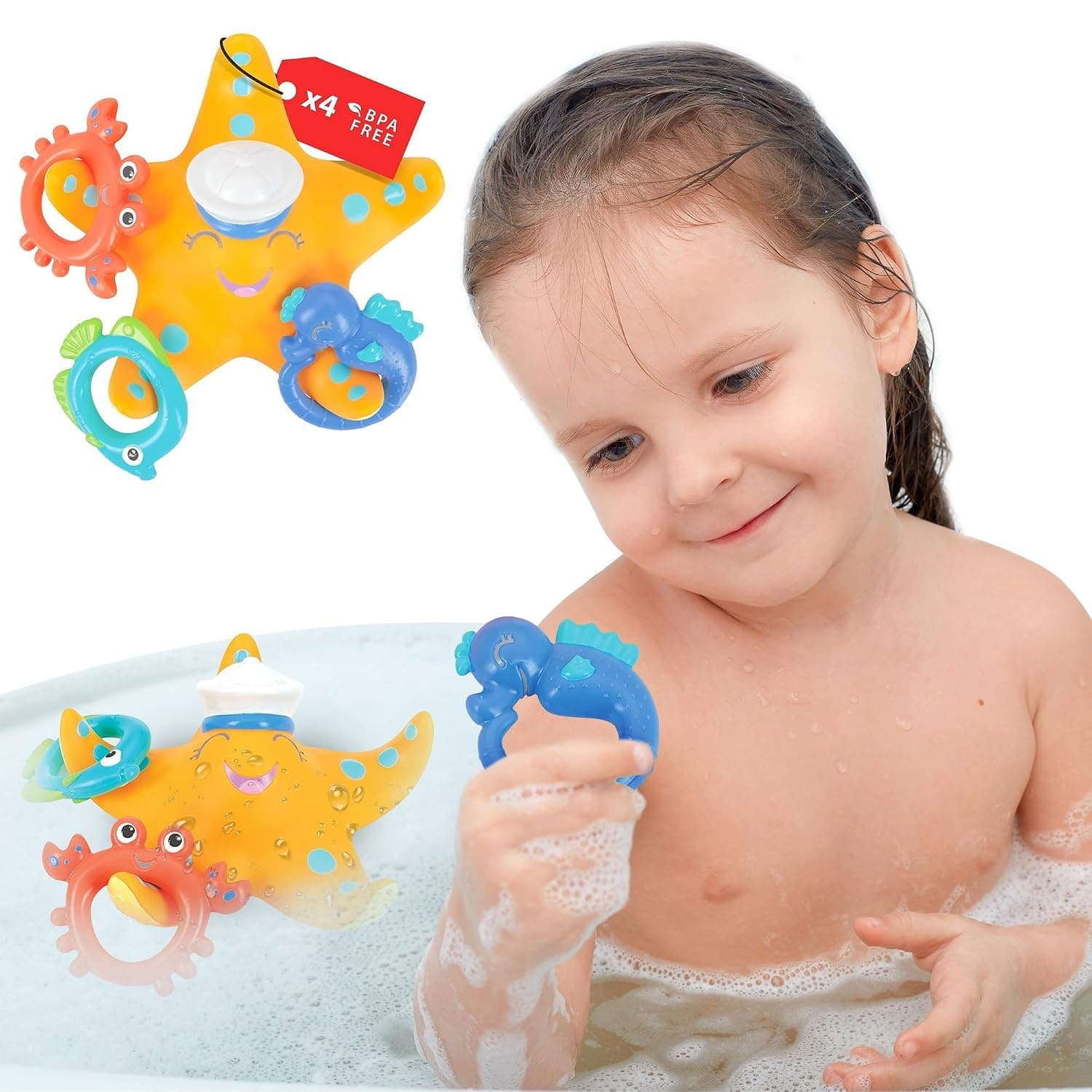 Juguete de baño Nuby Starfish Ring Toss | Incluye 3 anillos para lanzar (cangrejo, pez tropical y caballito de mar)