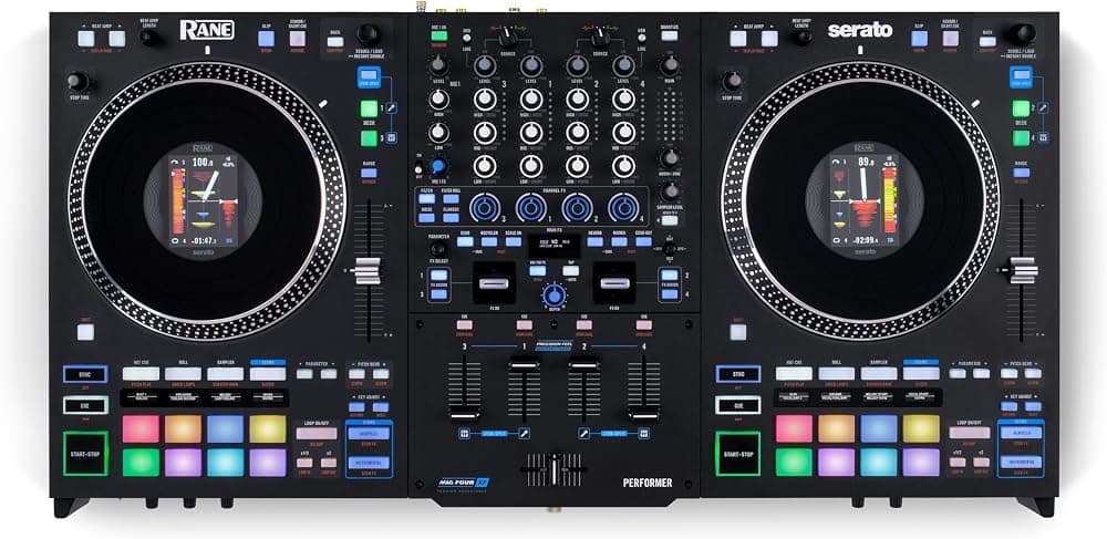 RANE PERFORMER Controlador de DJ de 4 canales | Mezclador de DJ motorizado, 4 decks, platos de 7", pantallas, atenuadores de sensación de precisión, Stem Split, efectos avanzados, Serato DJ Pro incluido