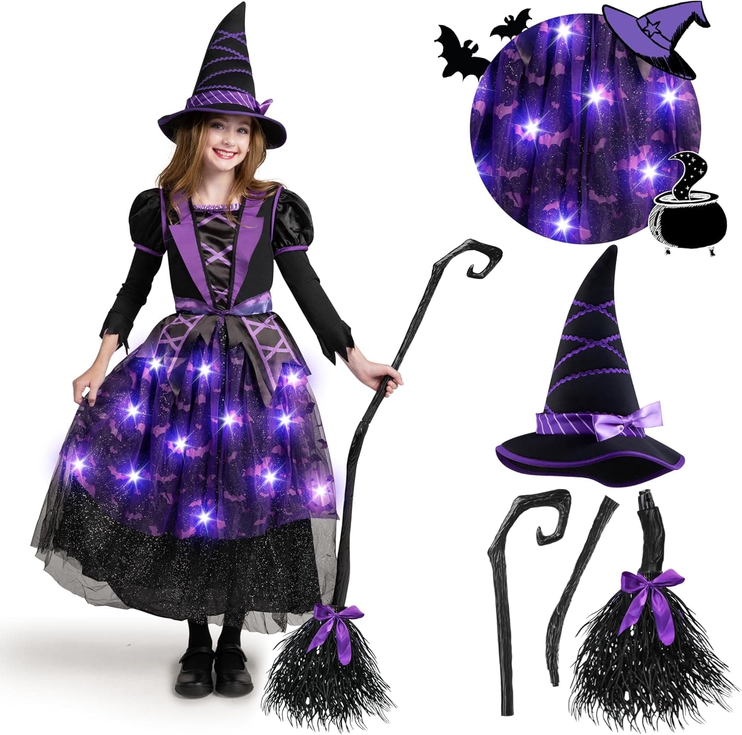 Spooktacular Creations Disfraz de bruja de Halloween para niños, vestido de bruja iluminado con sombrero y escoba para niñas, conjunto de traje de murciélago para disfraces de Halloween, fiestas de juegos de rol, morado (3T(3-4 años))