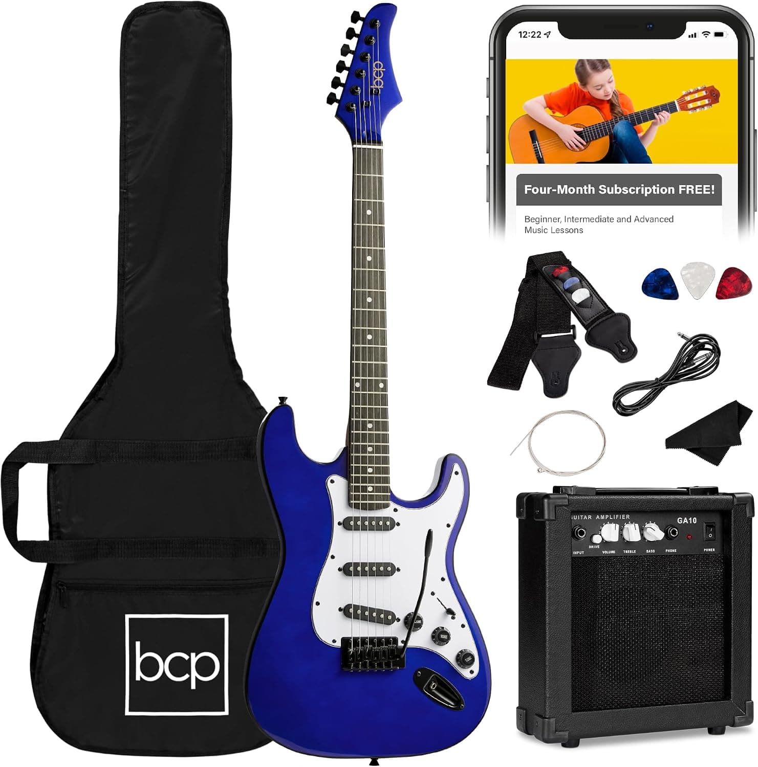 Best Choice Products Kit básico de guitarra eléctrica para principiantes de tamaño completo de 39 pulgadas con estuche, correa, amplificador de 10 W, cuerdas, púa y barra de trémolo - azul metálico
