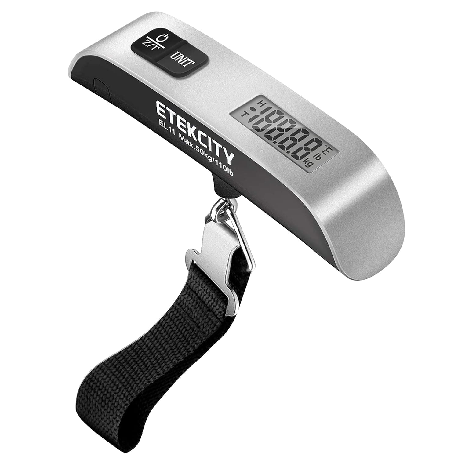 Báscula de equipaje Etekcity, elementos esenciales de viaje, báscula de peso digital para maletas para accesorios de viaje, báscula de equipaje colgante con gancho, 110 libras, batería incluida, plata | Elementos básicos de viaje, viajes en avión, maleta, gancho para colgar, empuñadura de goma, batería incluida, pantalla de fácil lectura