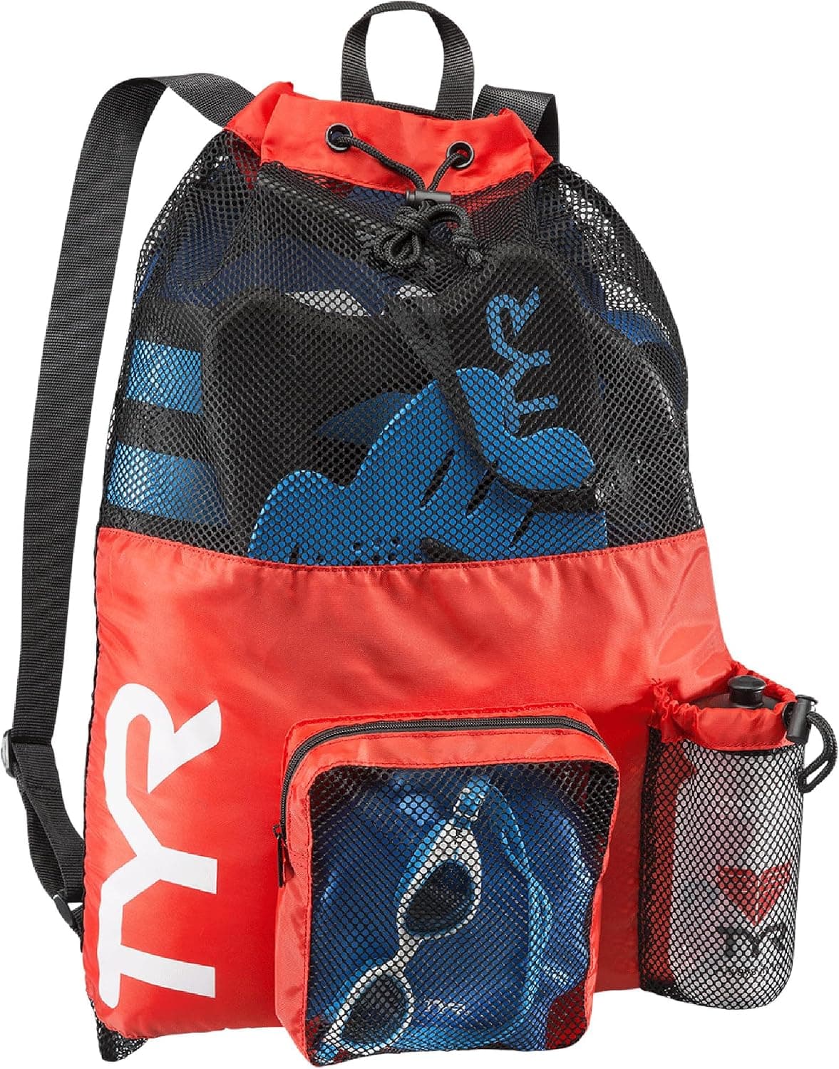 TYR Mochila tipo momia de malla grande - Bolsa ventilada para equipo de entrenamiento y gimnasio de natación, rojo | Capacidad de 40 litros | Drenaje de ventilación de malla | Bolsillo lateral con cremallera organizativo | Cierre de bloqueo de barril