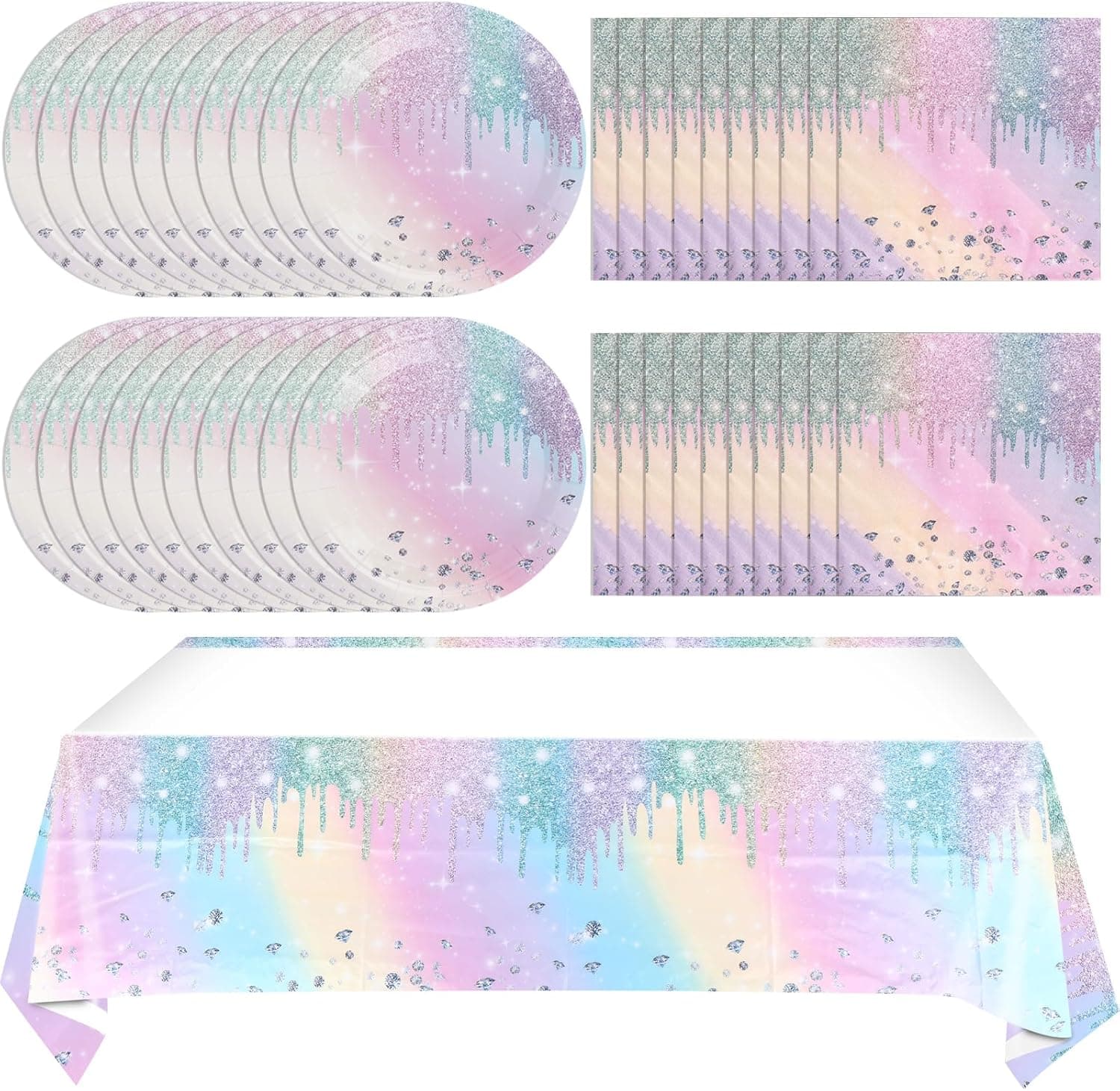 Suministros para fiestas de cumpleaños con diamantes iridiscentes, vajilla desechable de papel holográfico que incluye 20 platos, 20 servilletas y 1 mantel para fiestas temáticas de cumpleaños de niñas y niños, sirve 20