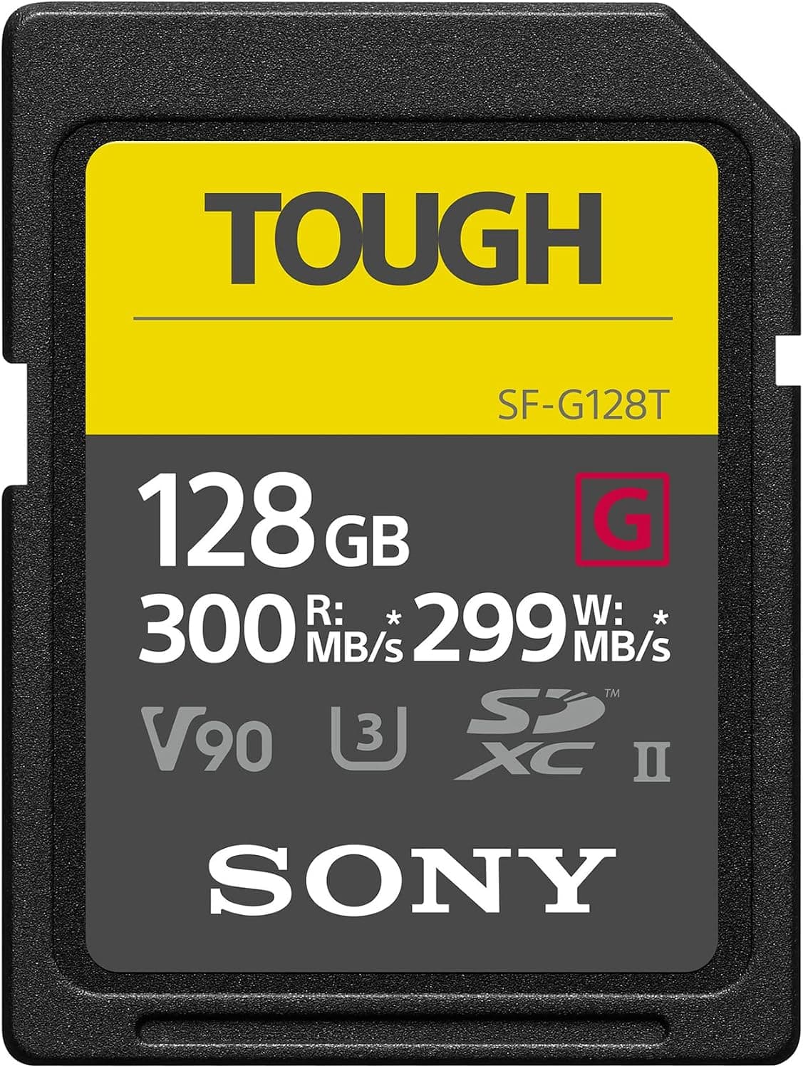 Tarjeta SDXC UHS-II de la serie Sony TOUGH-G de 128 GB, V90, CL10, U3, R300MB/S máximo, W299MB/S (SF-G128T/T1) | 300MB/s, 299MB/s, UHS-II, V90, U3