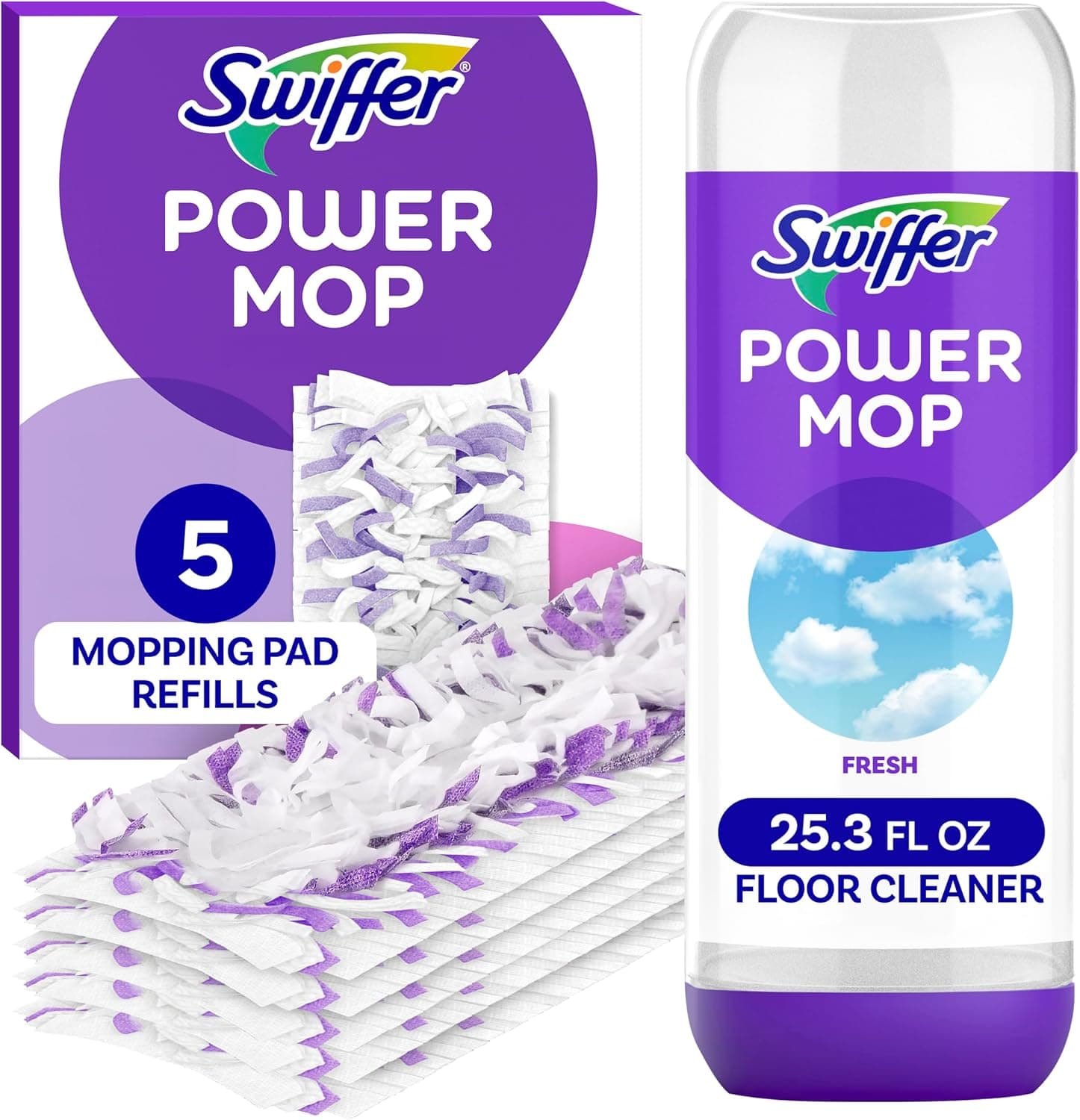Paquete de repuesto Swiffer Power Mop, limpiador de pisos para fregar azulejos, vinilo, laminado, madera en el hogar, baño, cocina, limpieza multiusos multiusos, 5 almohadillas + 1 solución de lavanda, paquete de 4