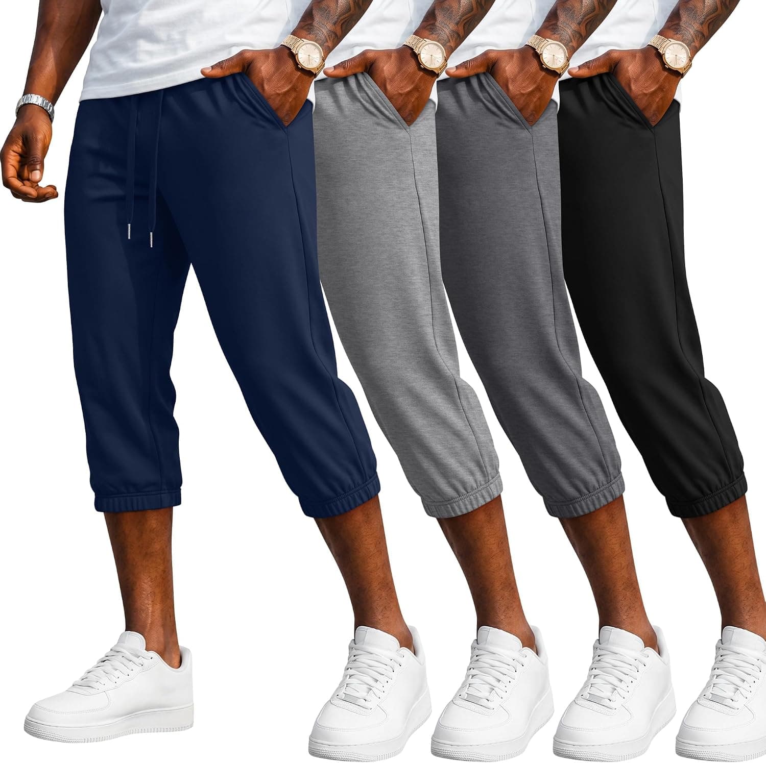 August Alley 4 Pack Men's Capri Joggers | 3/4 Pants, Capri Joggers, Drawstring, Below Knee, with Pockets, Active, Workout, Gym, Casual