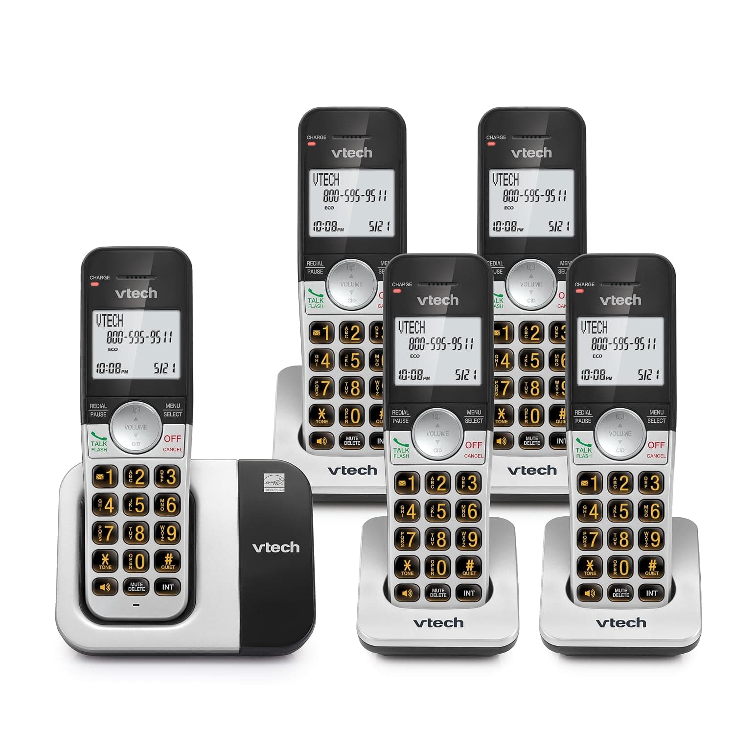 Teléfono inalámbrico VTech DECT 6.0, 5 auriculares: sonido sin interferencias, pantalla retroiluminada grande, botones grandes, identificador de llamadas | VG231-5