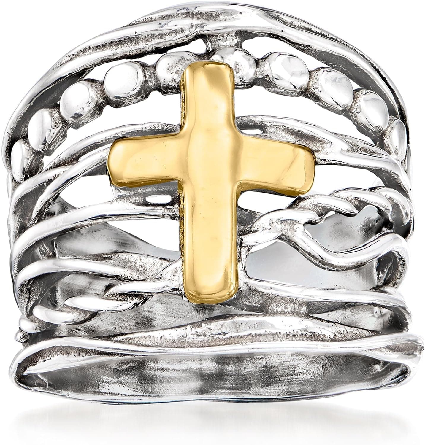 Ross-Simons Sterling Silver and 14kt Yellow Gold Multi-Row Cross Ring