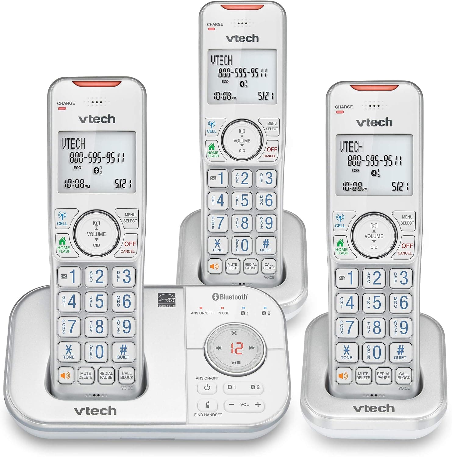 VTech VS112-37 DECT 6.0 Bluetooth 3 Teléfono inalámbrico para el hogar con contestador automático, bloqueo de llamadas, identificador de llamadas, intercomunicador y conexión al celular (plateado y blanco)
