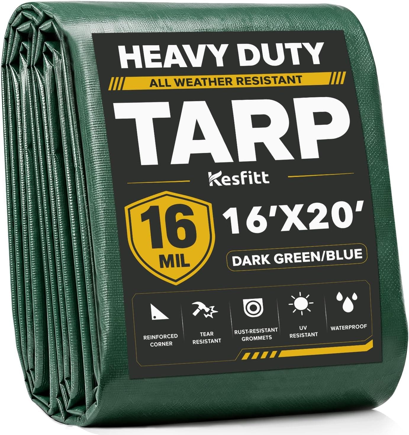 Kesfitt Lona impermeable resistente de 16 mil con ojales de metal, lona de polietileno reversible verde oscuro y azul, 16 x 20 pies, para protección al aire libre, patio, jardín, granja, camping y cobertura de equipos