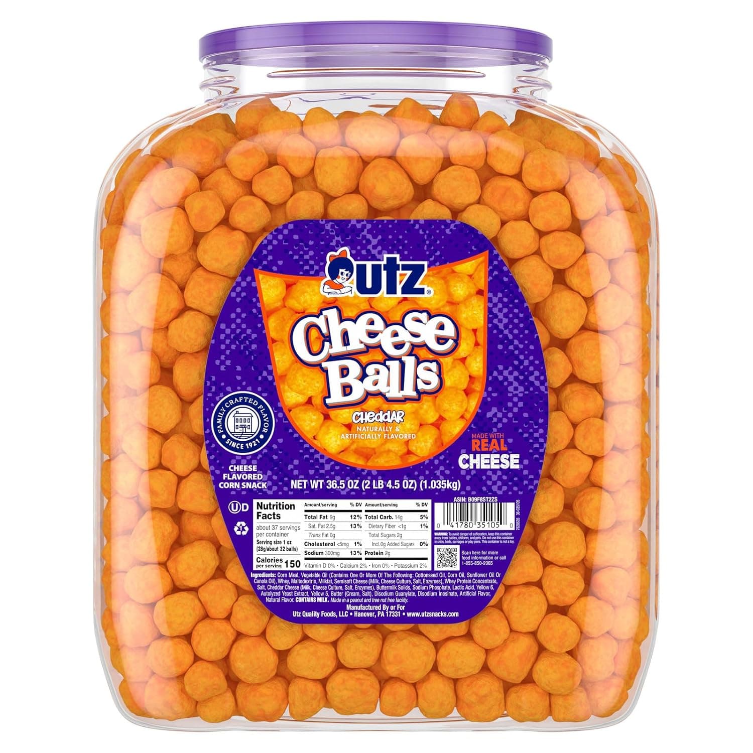 Barril de bolas de queso Utz, sabroso refrigerio horneado con queso cheddar real, refrigerio de fiesta deliciosamente poppable, sin gluten, colesterol ni grasas trans, certificado Kosher, 36.5 oz