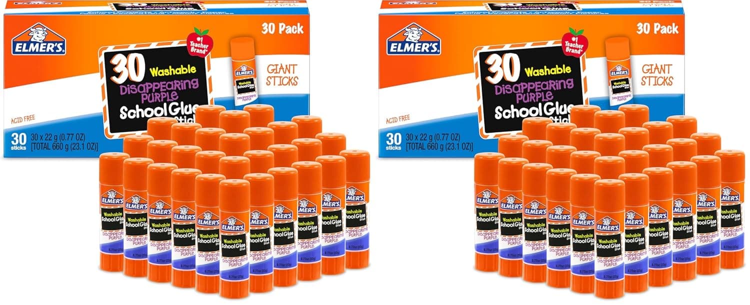 Elmer's Barras de pegamento escolar moradas que desaparecen, lavables, 22 gramos, suministros para el regreso a la escuela, artículos esenciales para el aula, artes y manualidades, marca n.° 1 para maestros, 30 unidades (paquete de 2)