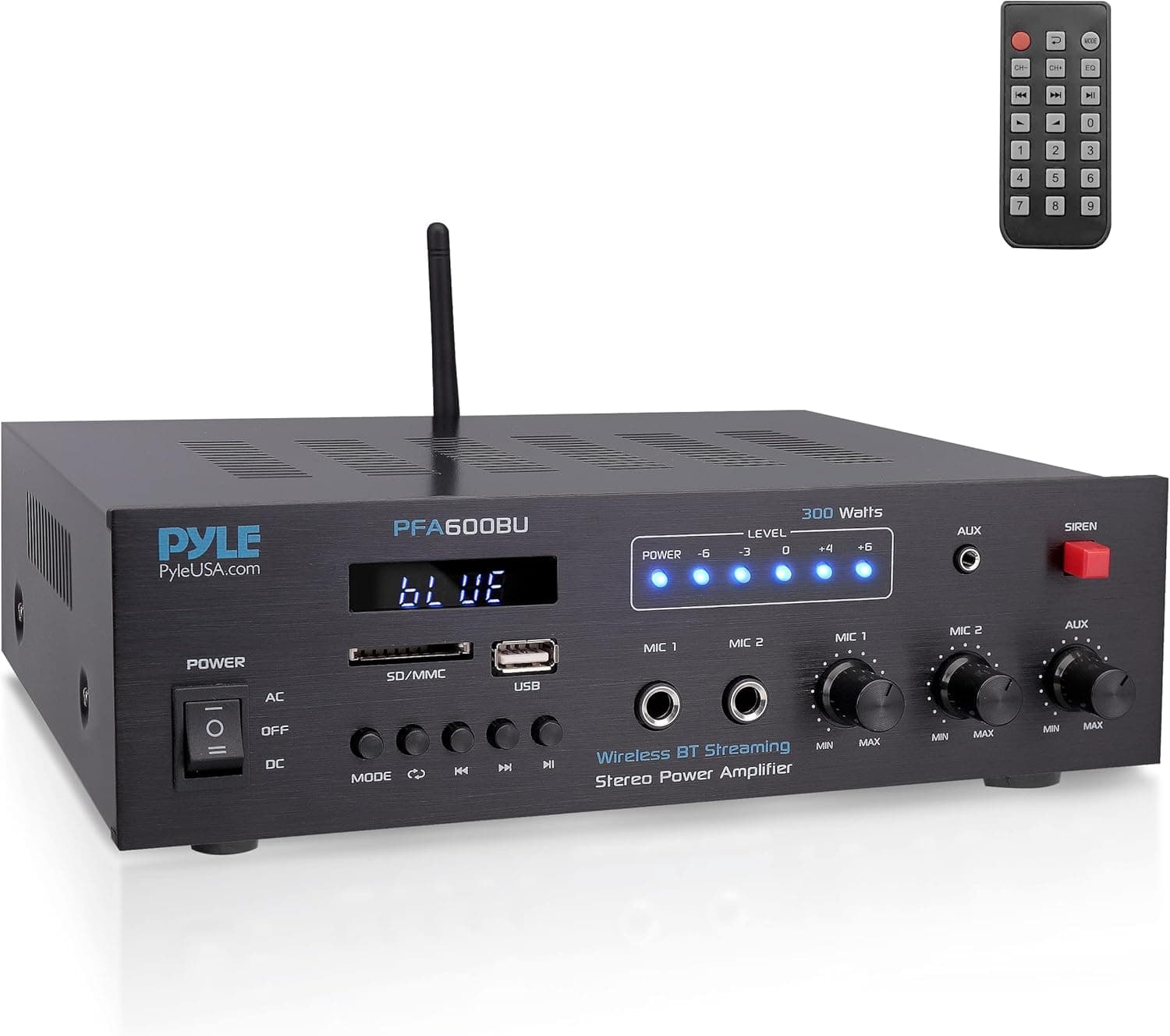 Amplificador de karaoke Bluetooth Pyle de 300 W - Sistema PA de 2 canales con radio FM - USB/SD - AUX - 2 entradas de micrófono - Alarma de sirena - Opción de alimentación de 12 V - Control remoto para recorridos por el hogar, el automóvil y el autobús - PFA600BU