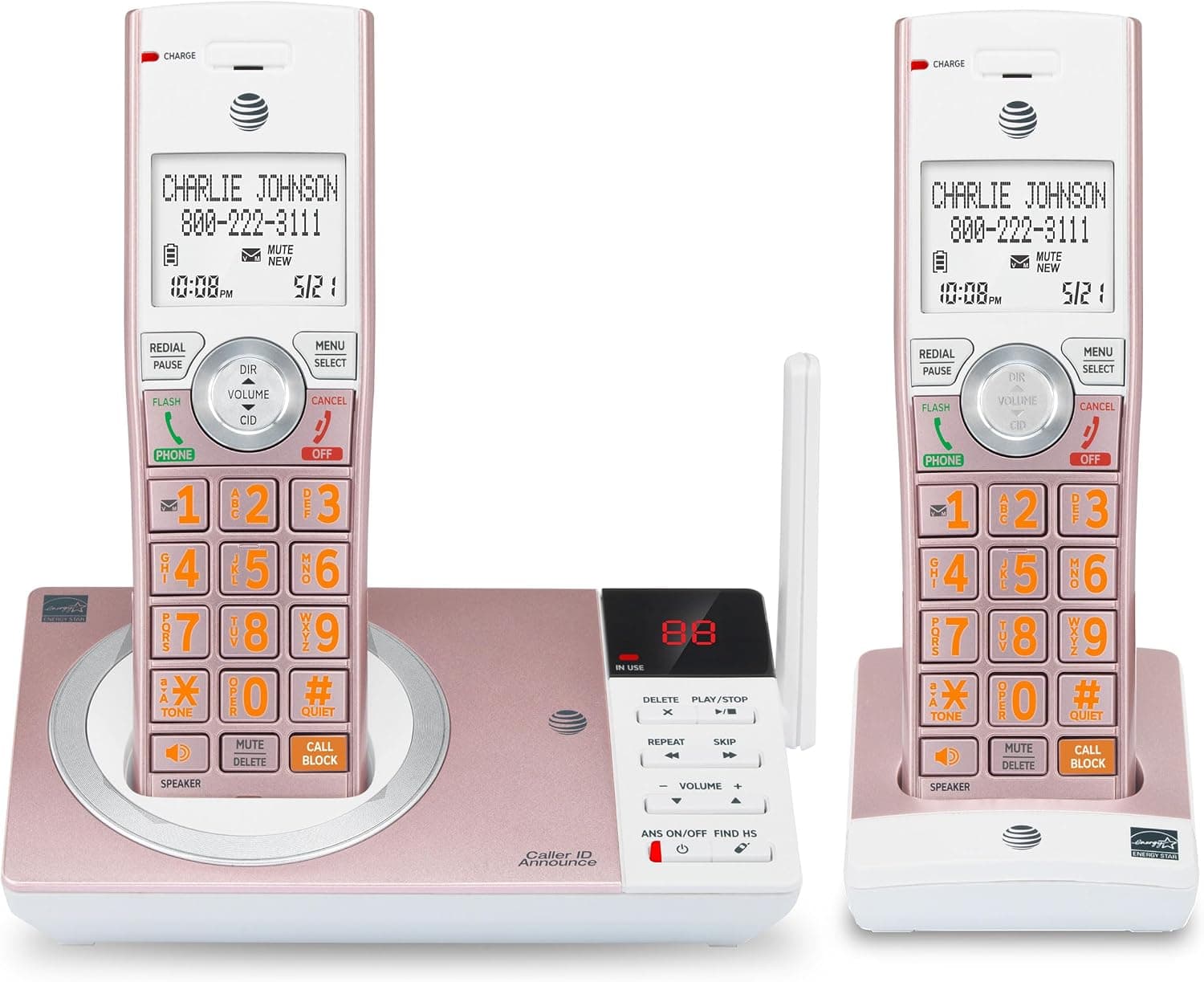 AT&T CL82257 DECT 6.0 Teléfono inalámbrico de 2 auriculares para el hogar con contestador automático, bloqueo de llamadas, anunciador de identificador de llamadas, intercomunicador y largo alcance, oro rosa