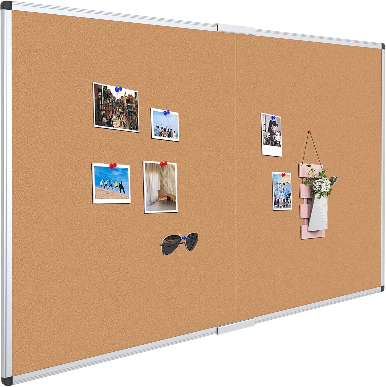 VIZ-PRO Tablón de anuncios de corcho grande de 72 x 48 pulgadas, tablero de anuncios plegable y montado en la pared con marco de aluminio plateado, para la escuela, el hogar, la oficina, tablero de corcho de 6 x 4 pies