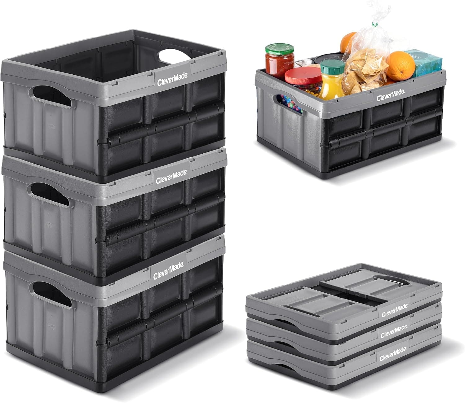 CleverMade Contenedores de almacenamiento plegables, 32 L, paquete de 3 almacenamiento plegable, piedra | Convierta el desorden del maletero y del garaje en un orden apilable | Asas de plástico reforzado de hasta 66 lb, luego se encajan de forma compacta cuando están plegadas.