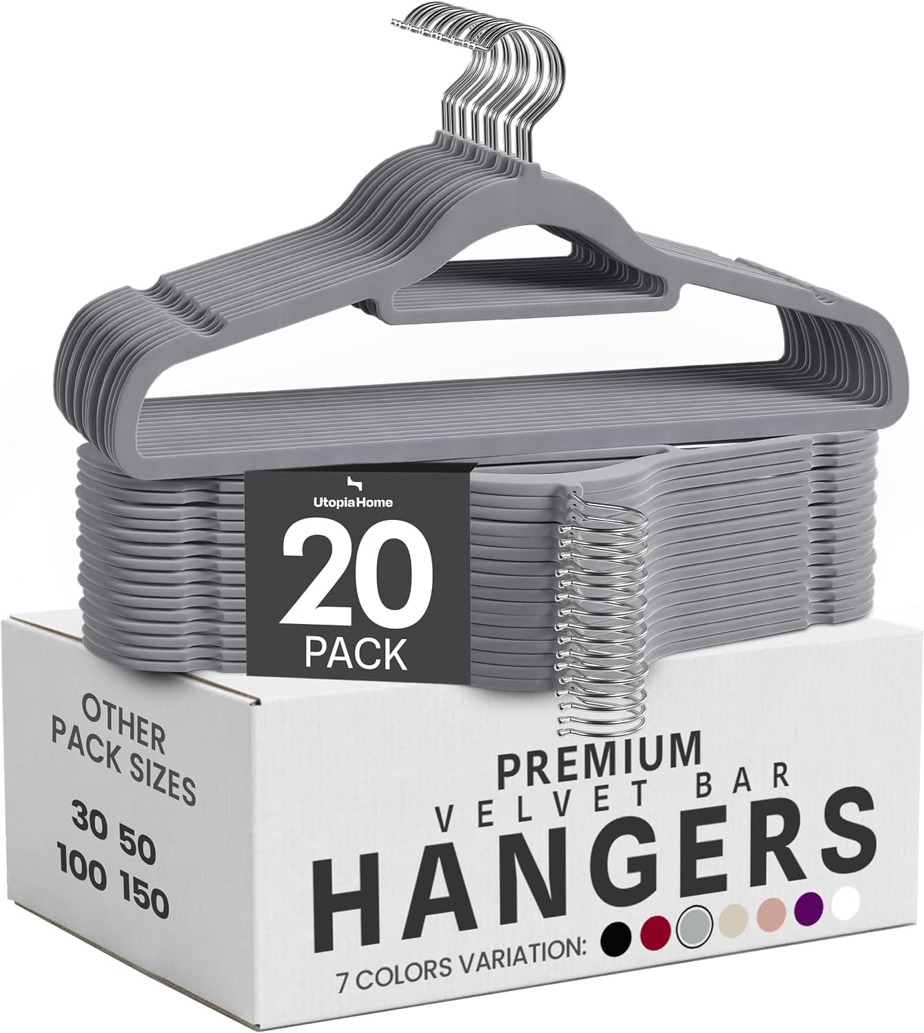 Utopia Home Paquete de 20 perchas de terciopelo - Perchas premium con barra para corbata - Gris | Perchas delgadas antideslizantes para ropa y abrigos con barra para corbatas, diseño resistente que ahorra espacio, gancho giratorio de 360°