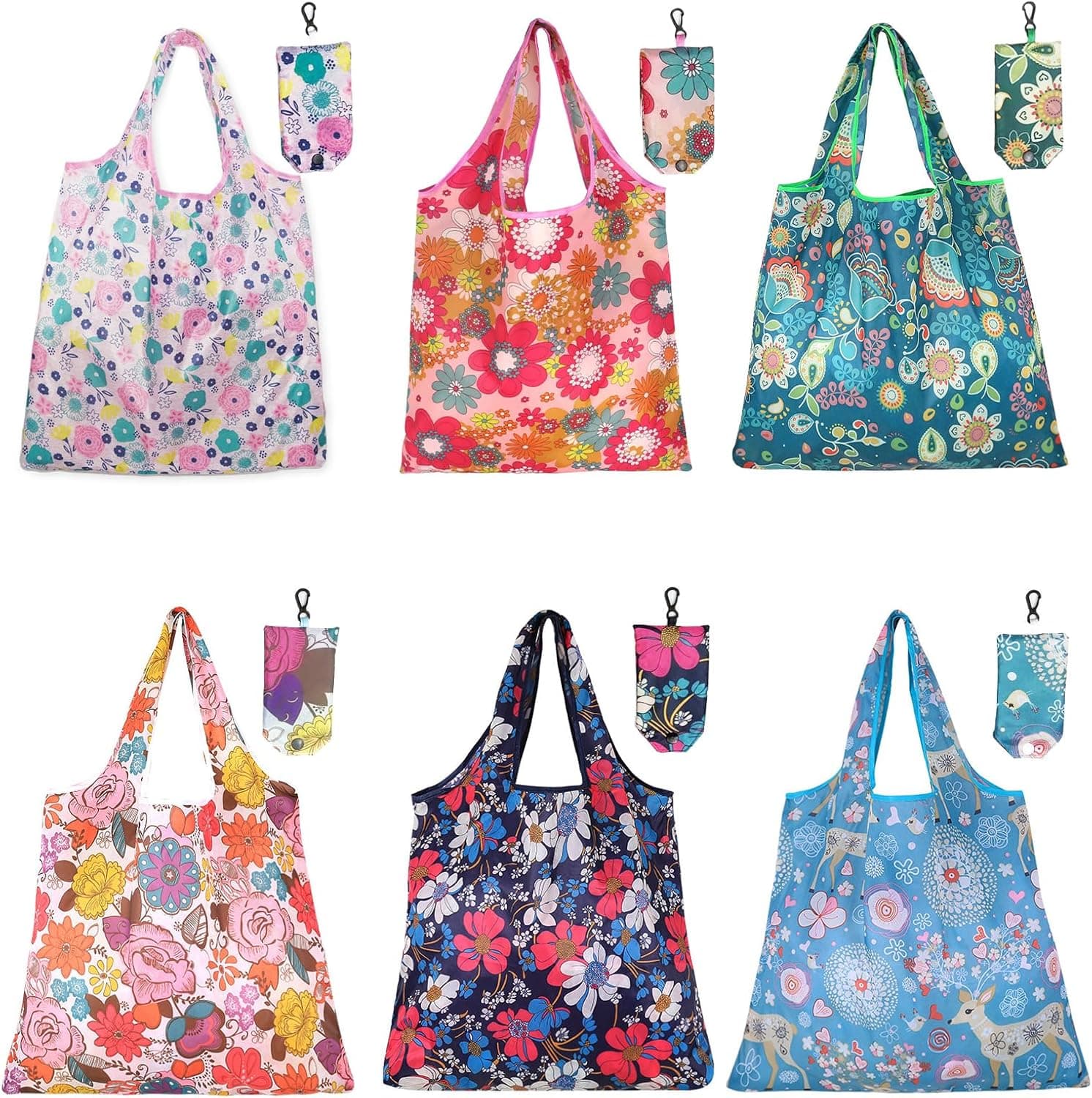 6 bolsas de compras reutilizables plegables, lavables a máquina, bolsas de compras en el bolsillo, bolsas de compras ecológicas de reciclaje de viaje, bolsas impermeables para carga de suministros de compras diarias