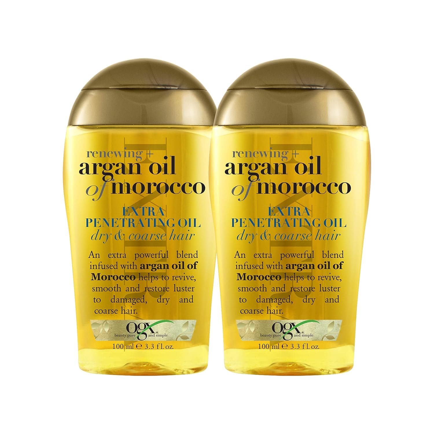 OGX Juego de 2 tratamientos de aceite penetrante para el cabello renovador extra fuerte + aceite de argán de Marruecos, suero hidratante profundo para cabello seco, dañado y áspero, sin parabenos, sin tensioactivos sulfatados, 3.3 onzas líquidas