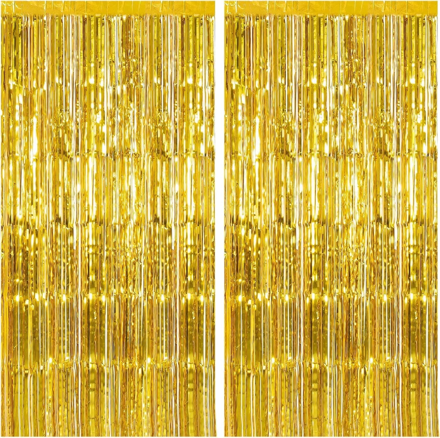 Paquete de 2 telones de fondo dorados, decoraciones de cumpleaños, telón de fondo de cortina de aluminio, serpentinas doradas, decoraciones para fiestas de baile, accesorios para fotomatón para decoraciones de despedida de soltera, Navidad, Halloween, Año Nuevo, suministros para fiestas
