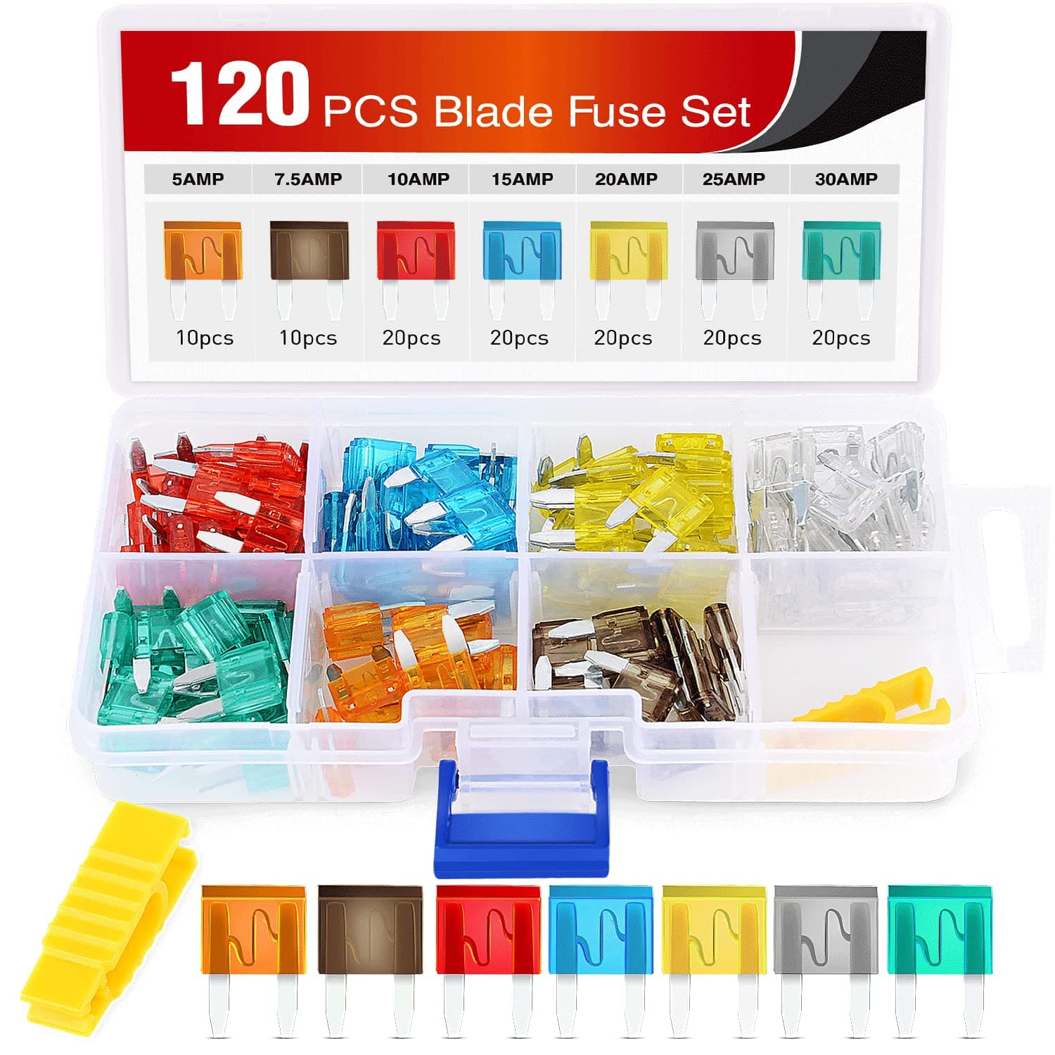 Nilight 120PCS Mini Blade Fuses Assortment Kit | 5A 7.5A 10A 15A 20A 25A 30 AMP Circuit Protection ATM APM for Cars Trucks RV Boats Automotive