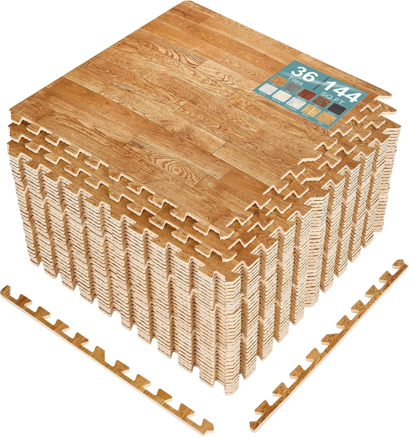 Sorbus - Baldosas de madera de grano para suelo, alfombrilla de espuma EVA entrelazadas, azulejos de 3/8 pulgadas de grosor, alfombrillas de ejercicio con bordes, sala de juegos para el hogar, sótano, apartamento, feria comercial, bebé, baile