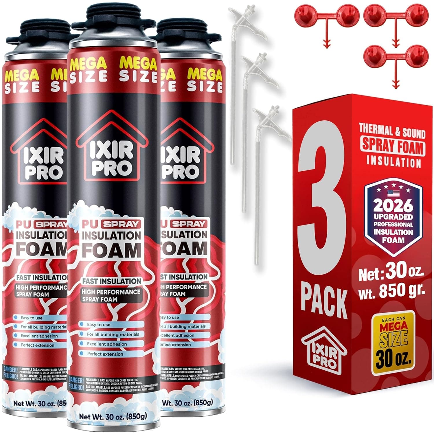 Aislamiento de espuma en aerosol, paquete de 3 x 30 oz, aerosol sellador de espuma expandible | Spray de celda cerrada de alta densidad para paredes, ático, techo, ventanas, control de calor y sonido, ahorro de energía, sellado de grietas y huecos