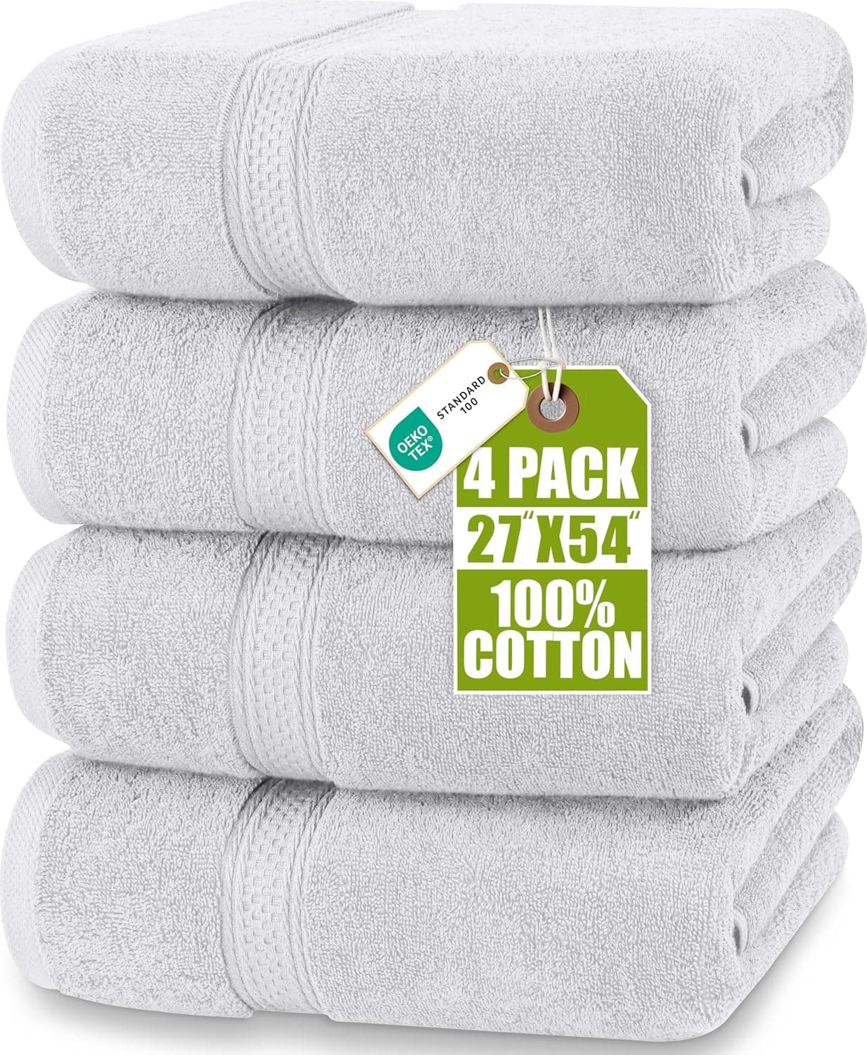 Utopia Towels Paquete de 4 toallas de baño premium, 27 x 54 pulgadas, algodón de 600 g/m², plateado | Toallas de algodón hilado en anillos, ligeras y de primera calidad, muy absorbentes, de secado rápido, tacto suave, perfectas para uso diario