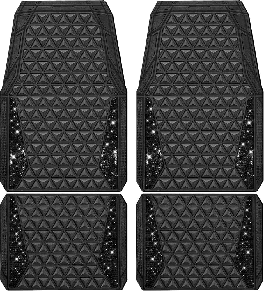Juego completo de alfombrillas de goma para coche con diamantes brillantes, antideslizantes, rombos 3D, impermeables, para adaptarse al revestimiento, universal, con purpurina, cristal brillante, diamantes de imitación, para niñas, mujeres, SUV, sedán, diamante negro