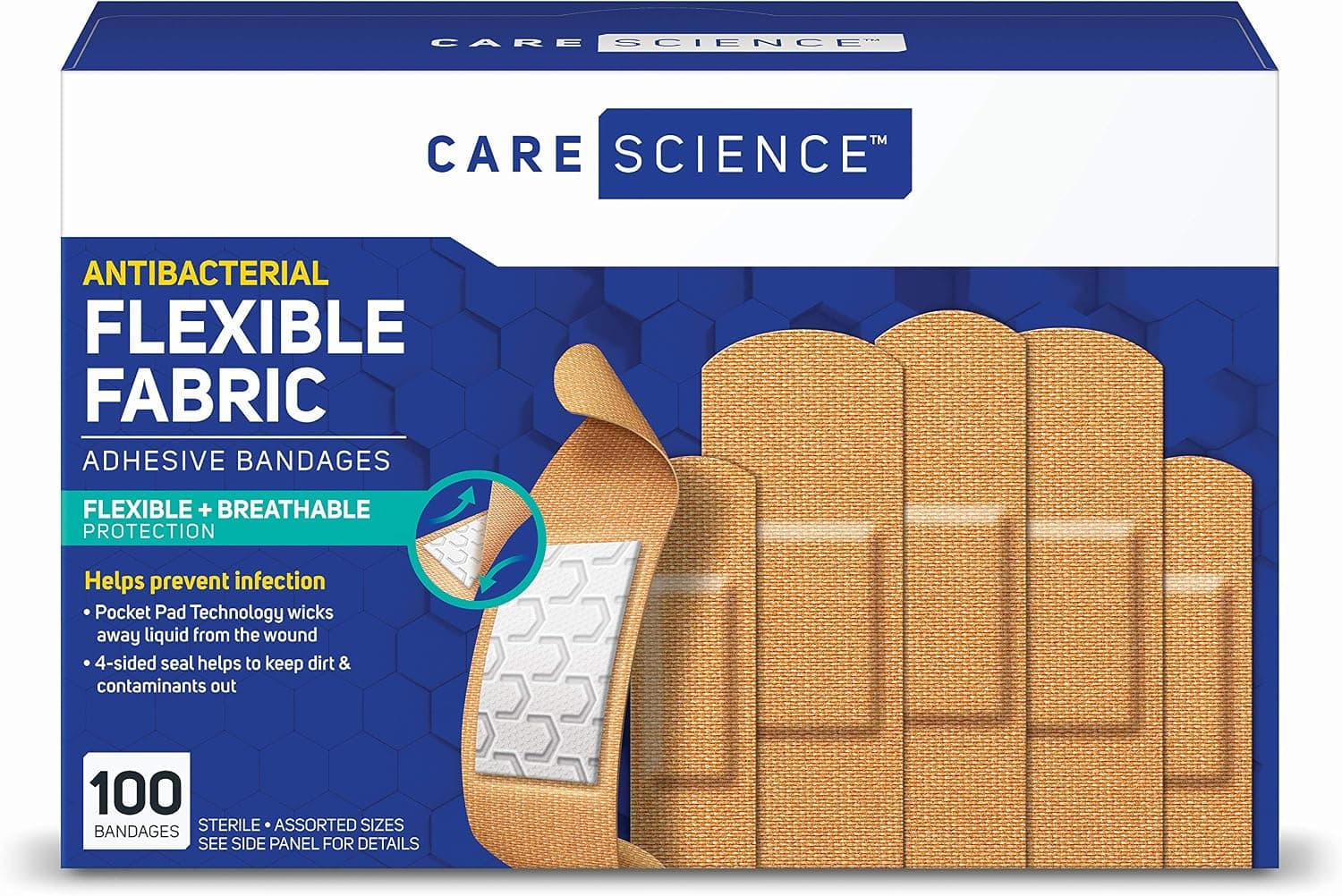 Vendas adhesivas de tela Care Science, 100 unidades, tamaños variados | La protección flexible y transpirable ayuda a prevenir infecciones en primeros auxilios y cuidado de heridas | Protección flexible + transpirable para primeros auxilios y cuidado de heridas.