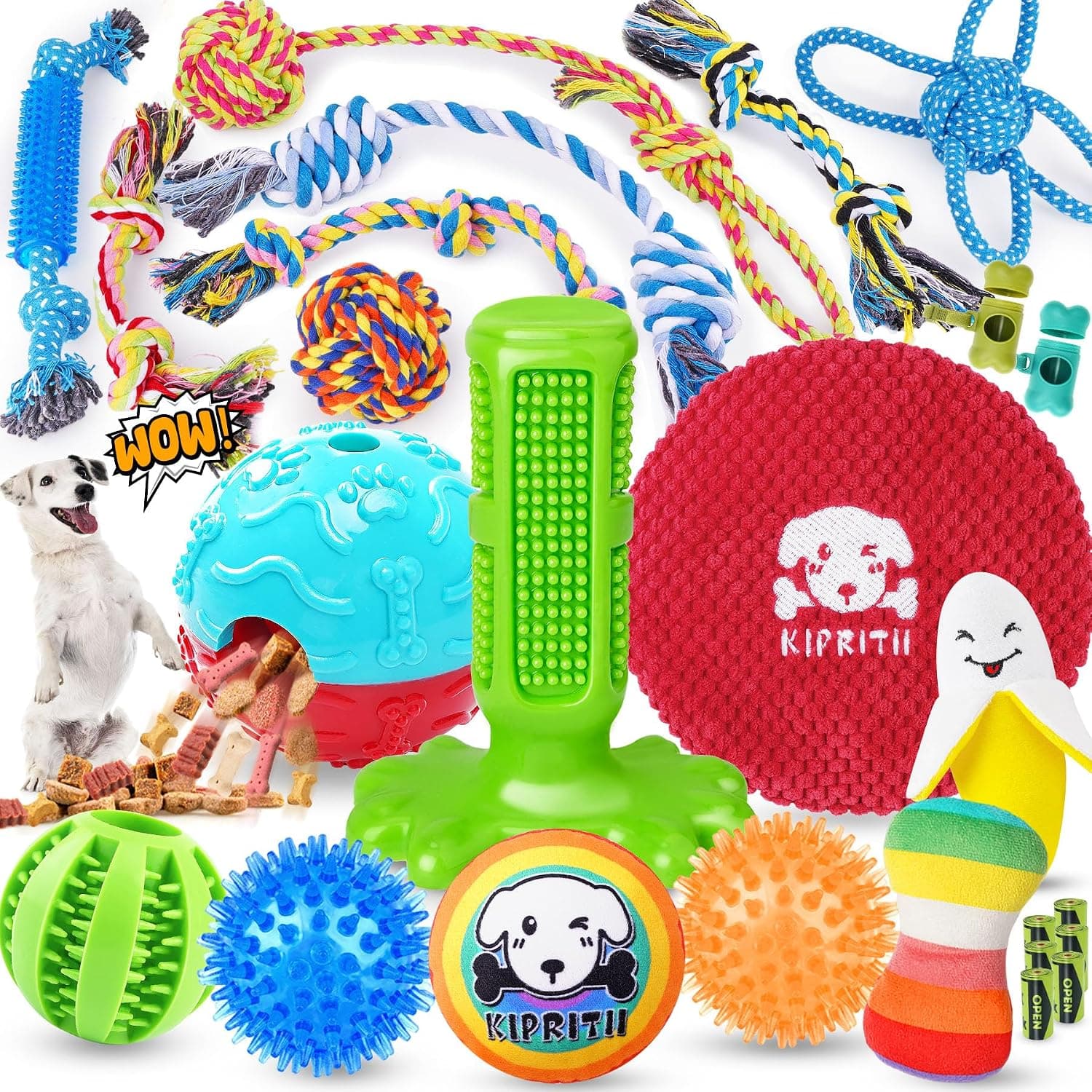KIPRITII Juego de 25 juguetes para perros – Ideal para dentición, entretenimiento y juegos interactivos, incluye juguetes para cachorros, juguetes de cuerda, pelotas de golosinas y juguetes para perros chirriantes