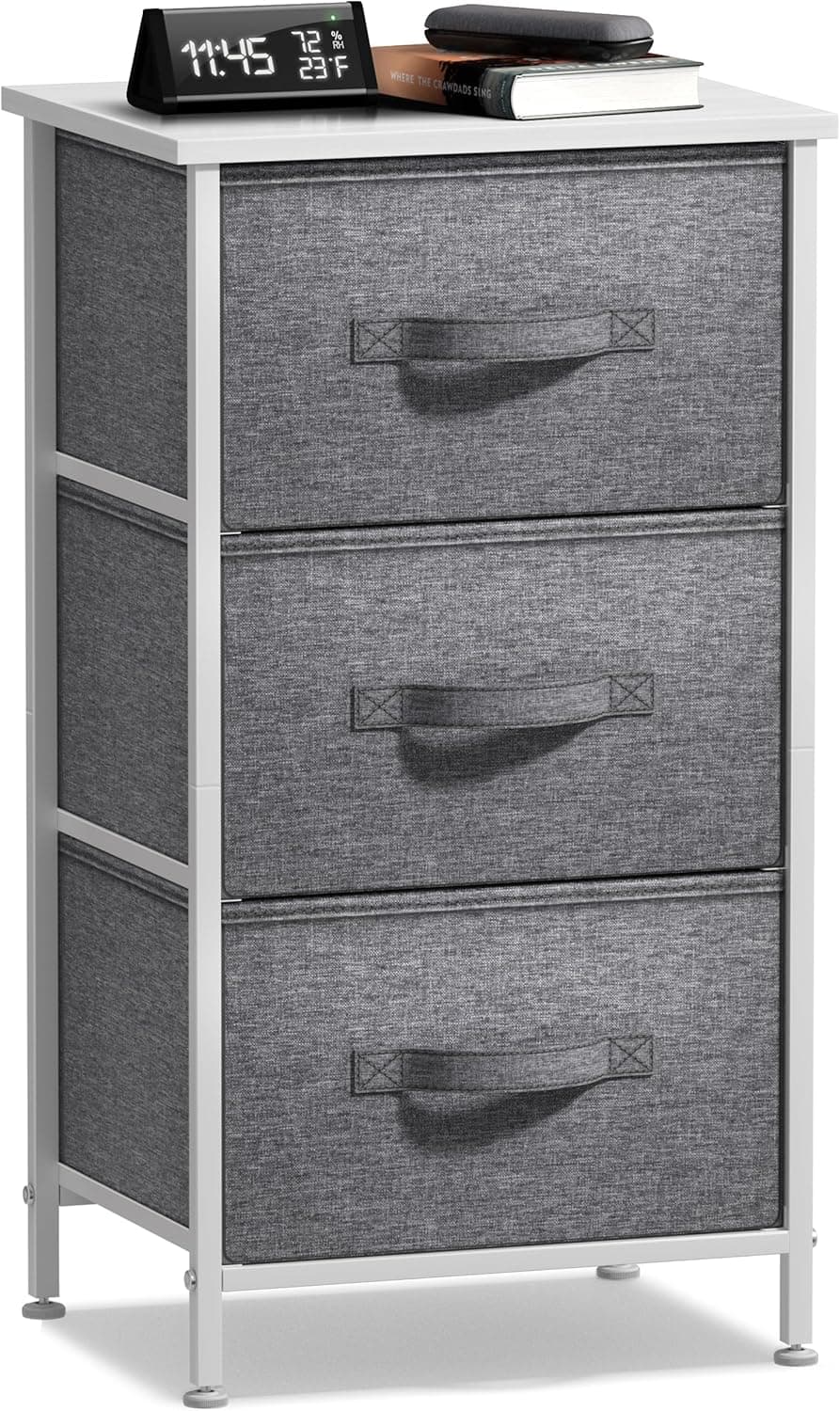 Mesita de noche Sorbus para dormitorio (3 cajones, blanco) | Mesita de noche pequeña con estructura de acero y compartimentos de tela de fácil extracción; Muebles de mesita de noche para hogares, oficinas y dormitorios.