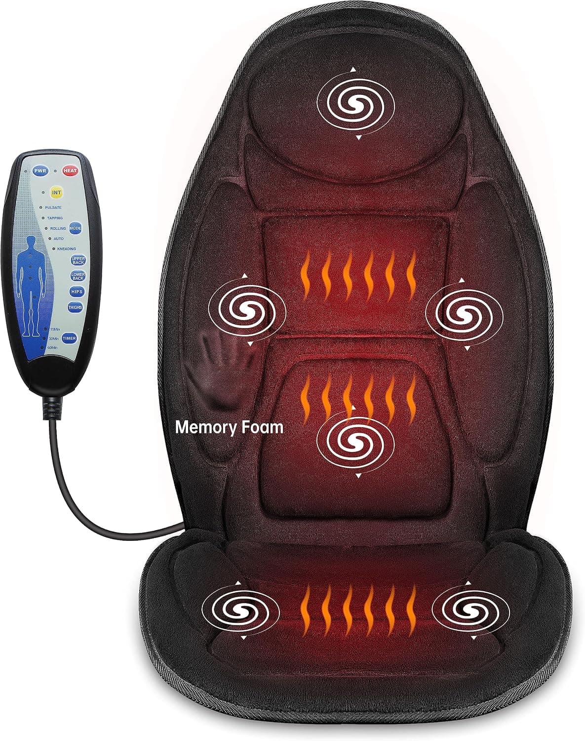 Snailax Masajeador de espalda con calor, almohadilla de masaje para silla de espuma viscoelástica, 6 motores vibratorios y 2 ajustes de calor, masajeador de asiento para silla de oficina, uso doméstico, regalo para mujeres y hombres