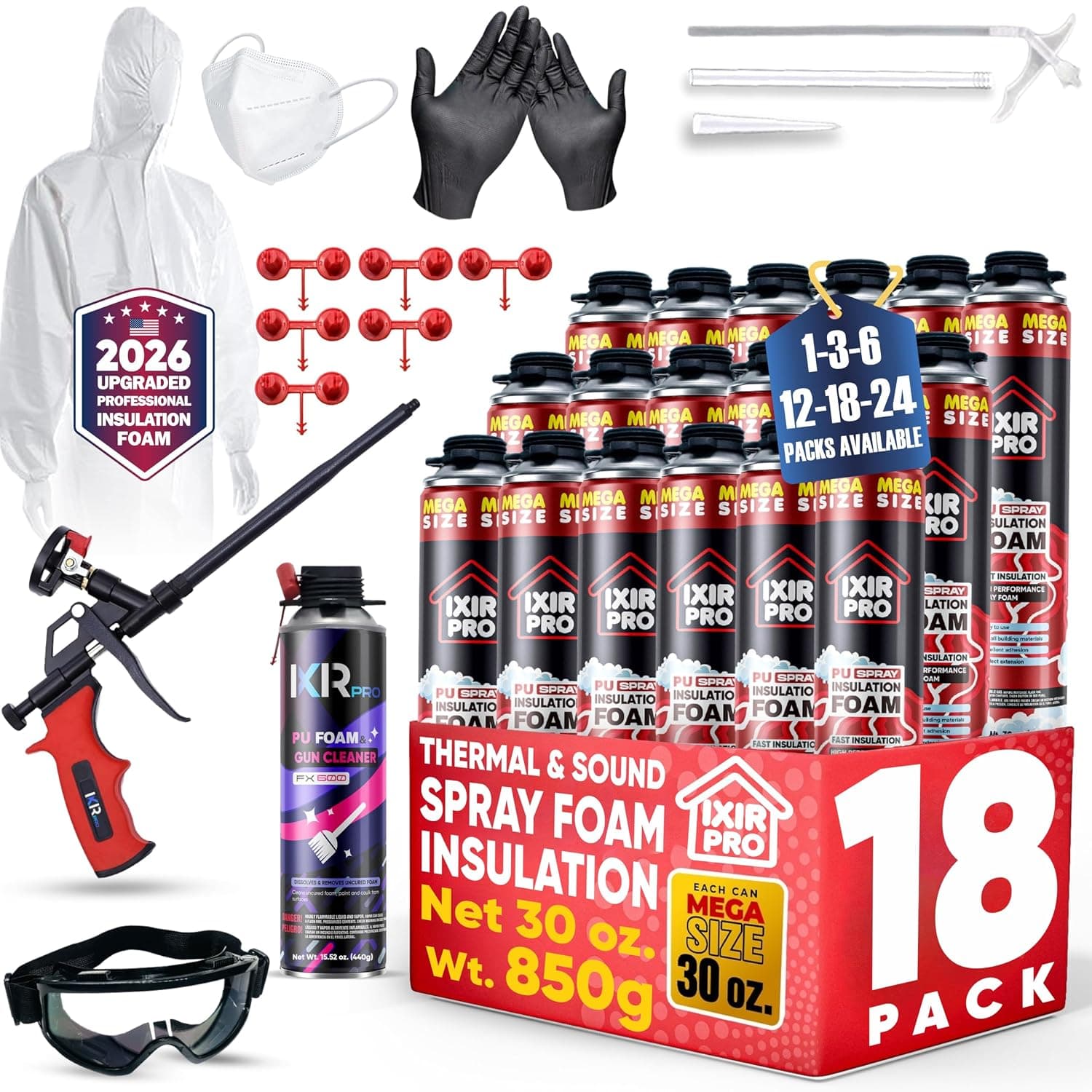 Kit de aislamiento de espuma en aerosol, paquete de 18 x 30 oz, aerosol sellador de espuma expandible | Kit de pulverización de celda cerrada de alta densidad para paredes, ático, techo, ventanas, control de calor y sonido, ahorro de energía, sellado de grietas y huecos