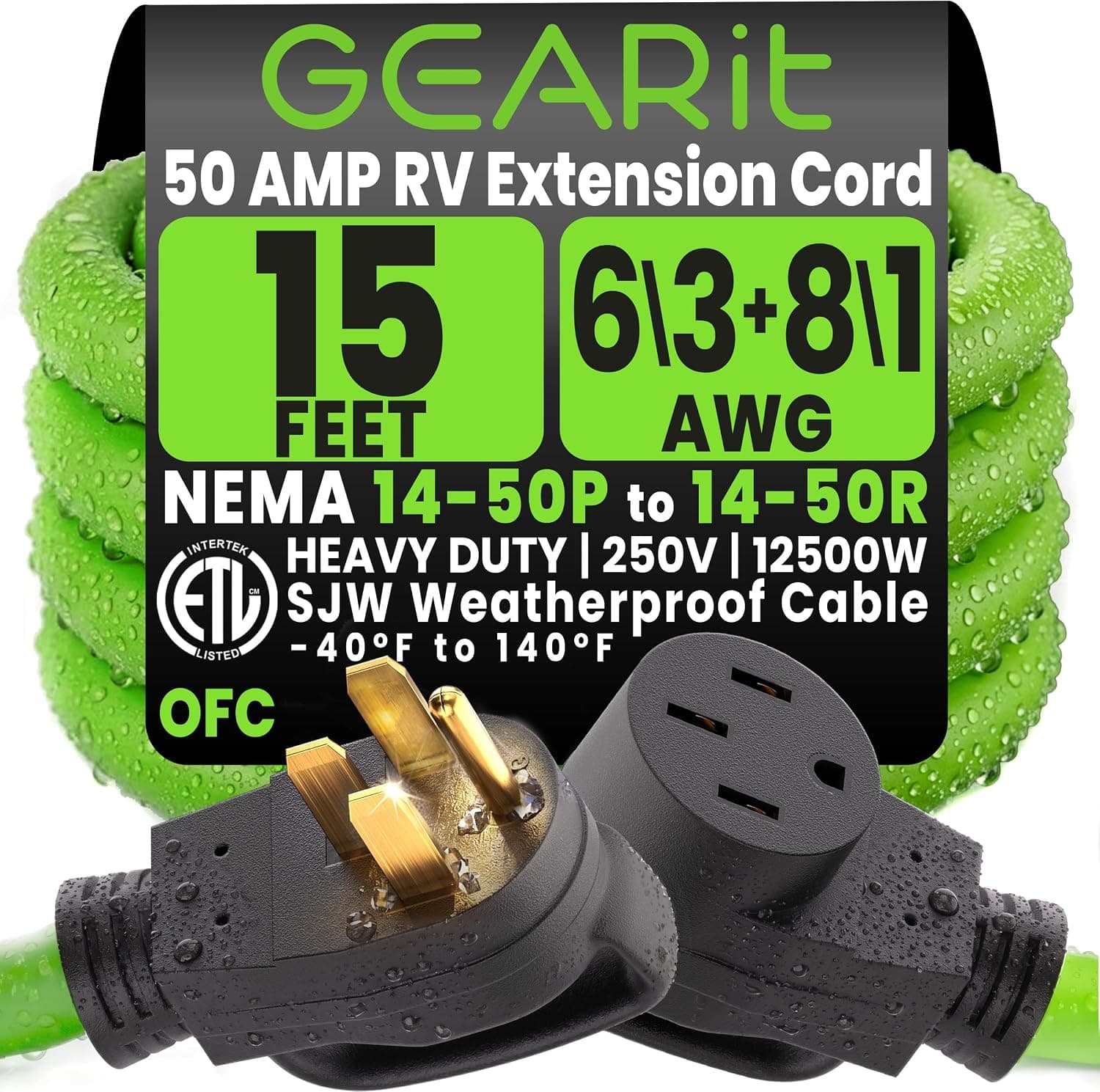 GEARit 15 Ft Cables de extensión OFC para exteriores Cargador resistente al agua de 50 amperios Cable de alimentación 4 clavijas 250 V 12500 W NEMA 14-50P/R STW 6/3+8/1 calibre AWG para RV/EV/autocaravana/remolque de viaje