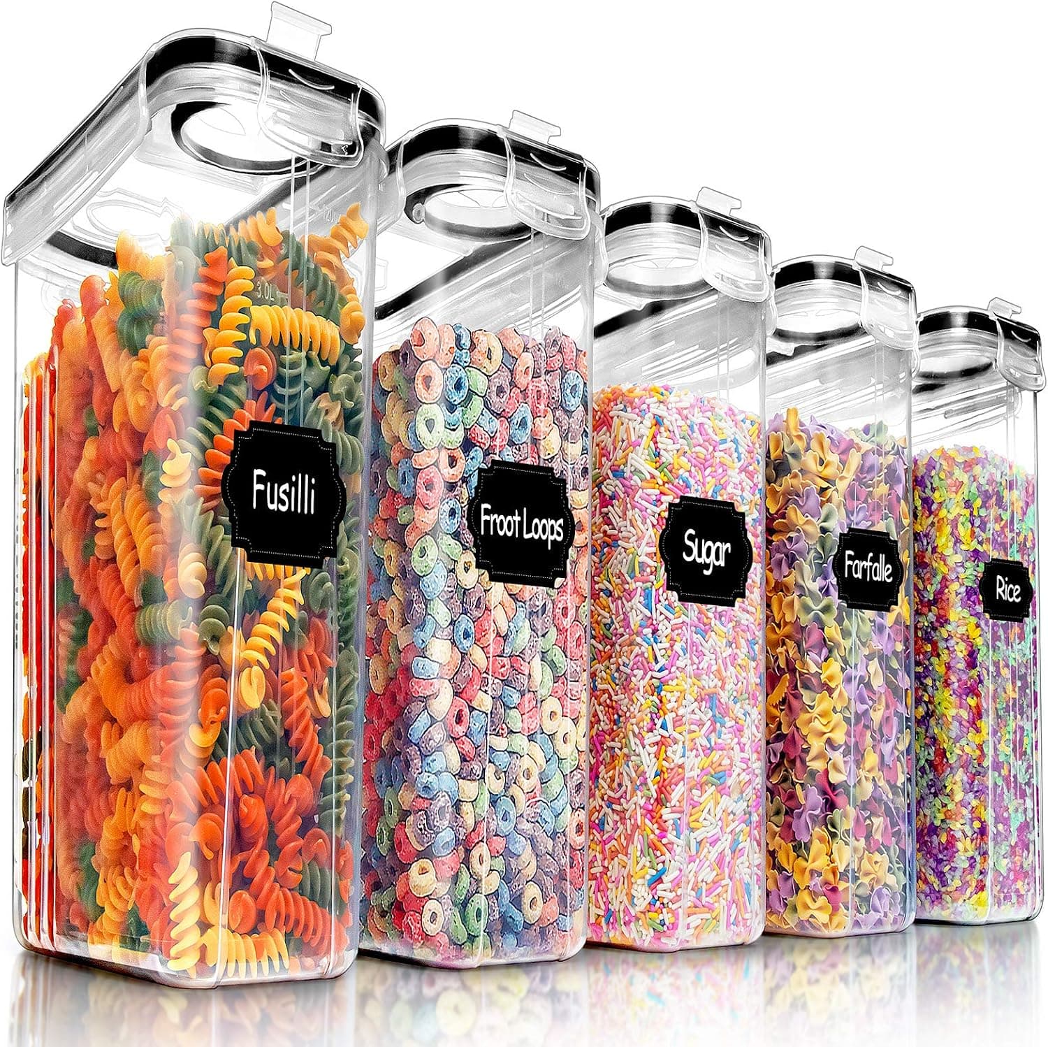 PRAKI Juego de 5 contenedores de almacenamiento de cereales, sin BPA, hermético, juego de contenedores de almacenamiento de alimentos con tapas, organización de despensa de cocina y almacenamiento para azúcar, suministros para hornear con 20 etiquetas y marcas (4 L negro)