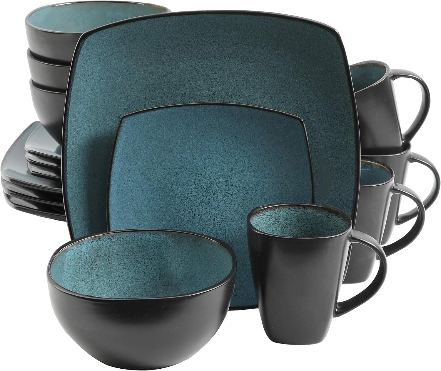 Juego de 16 piezas de vajilla de esmalte reactivo Gibson Elite Soho Lounge – Platos y cuencos de gres con color verde azulado y negro