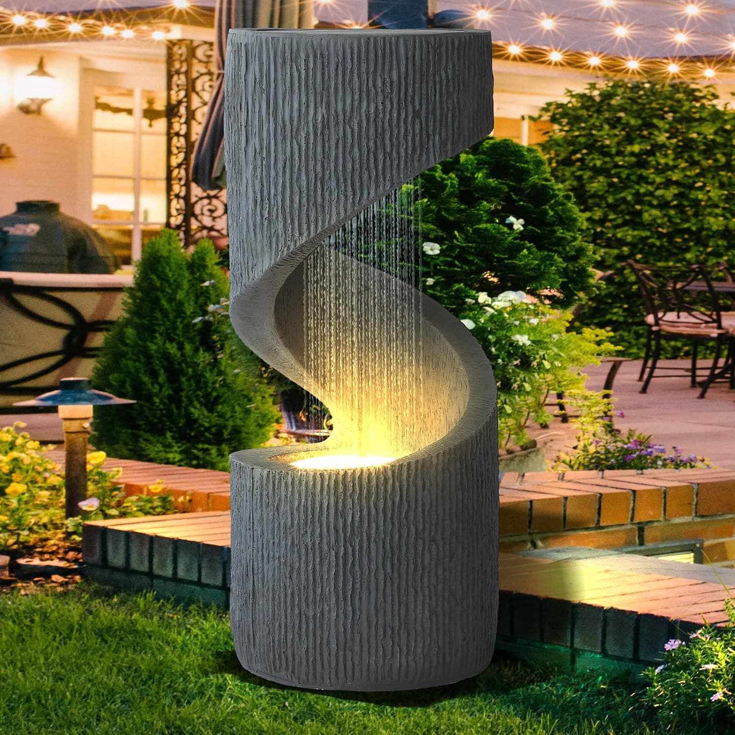 MAGIC UNION Fuente de agua para exteriores en forma de S de 31.9 pulgadas, fuente de columna en espiral | Característica decorativa de cascada en espiral con luces LED, bomba ajustable, exhibición de planta superior plana para decoración de terraza de jardín, patio, porche