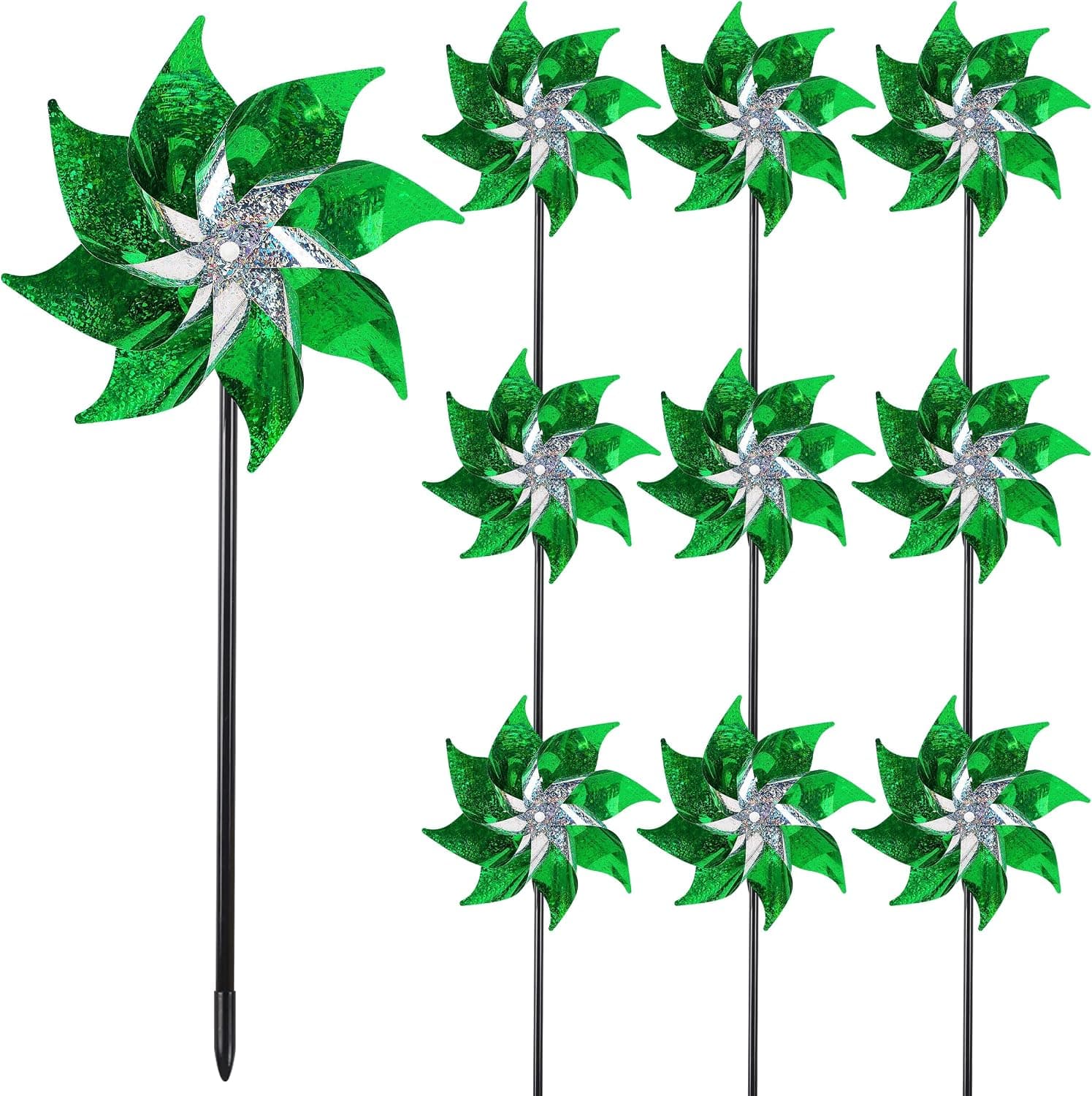 Paquete de 10 molinetes reflectantes para decoración navideña (requiere ensamblaje), esculturas de viento brillantes para decoraciones del día de San Patricio, suministros para fiestas, ahuyentar a los pájaros del jardín, patio, granja, verde